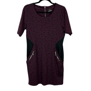 Schwiing Novelty Cat Printed Short Sleeve Pocket Jersey Knit Dress Medium Purple